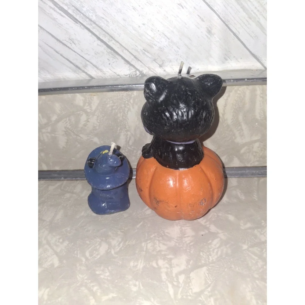 Vintage Halloween Candle Lot Of 2 Black Cat Spooky Scary Witch Hat Decoration